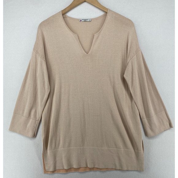 MM. LAFLEUR Sweater M Cotton Viscose Tunic Split Neck 3/4 Sleeve Pullover Beige - Picture 1 of 15